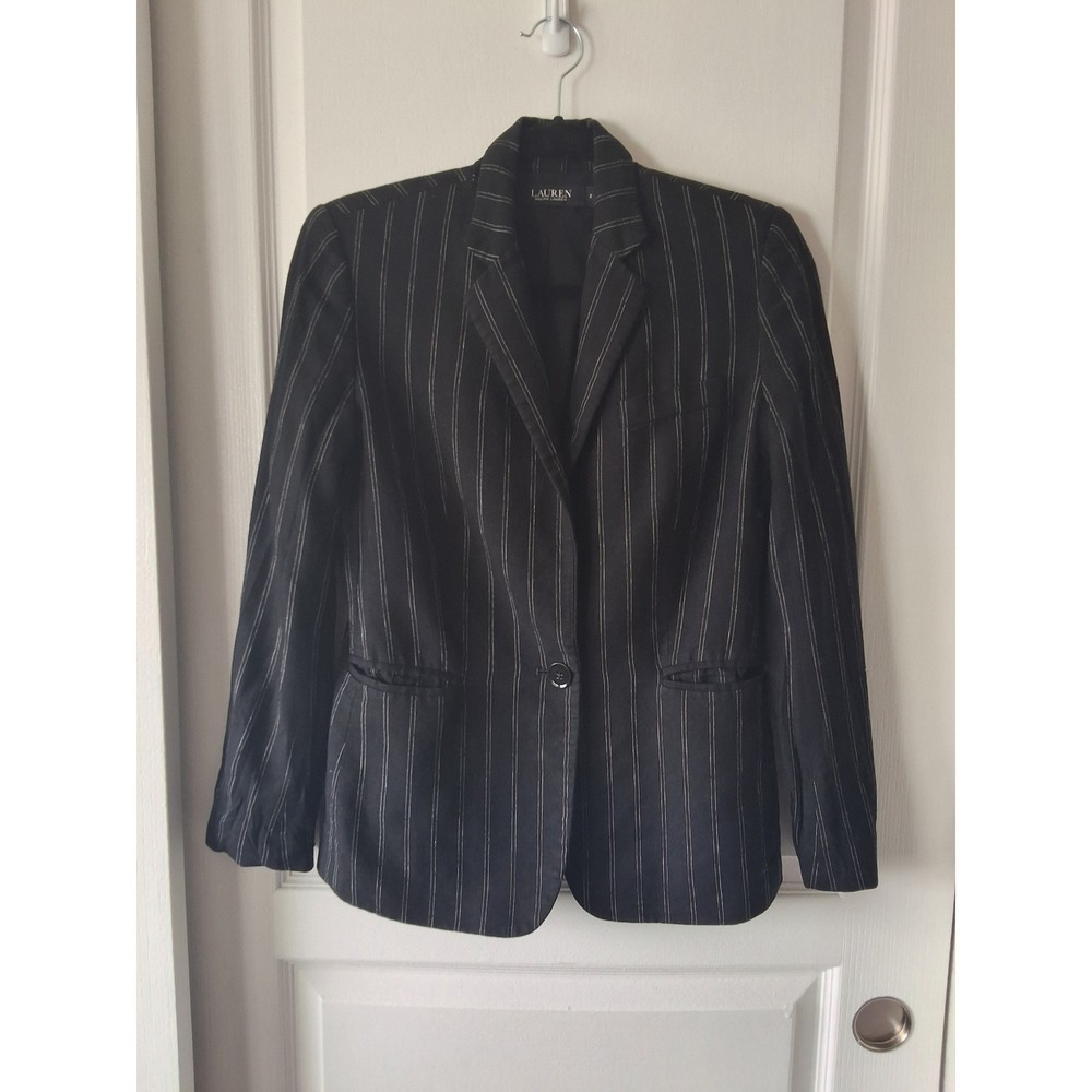 Lauren Ralph Lauren Women‎ 2 Black Pinstripe Linen Blend Single Button Blazer